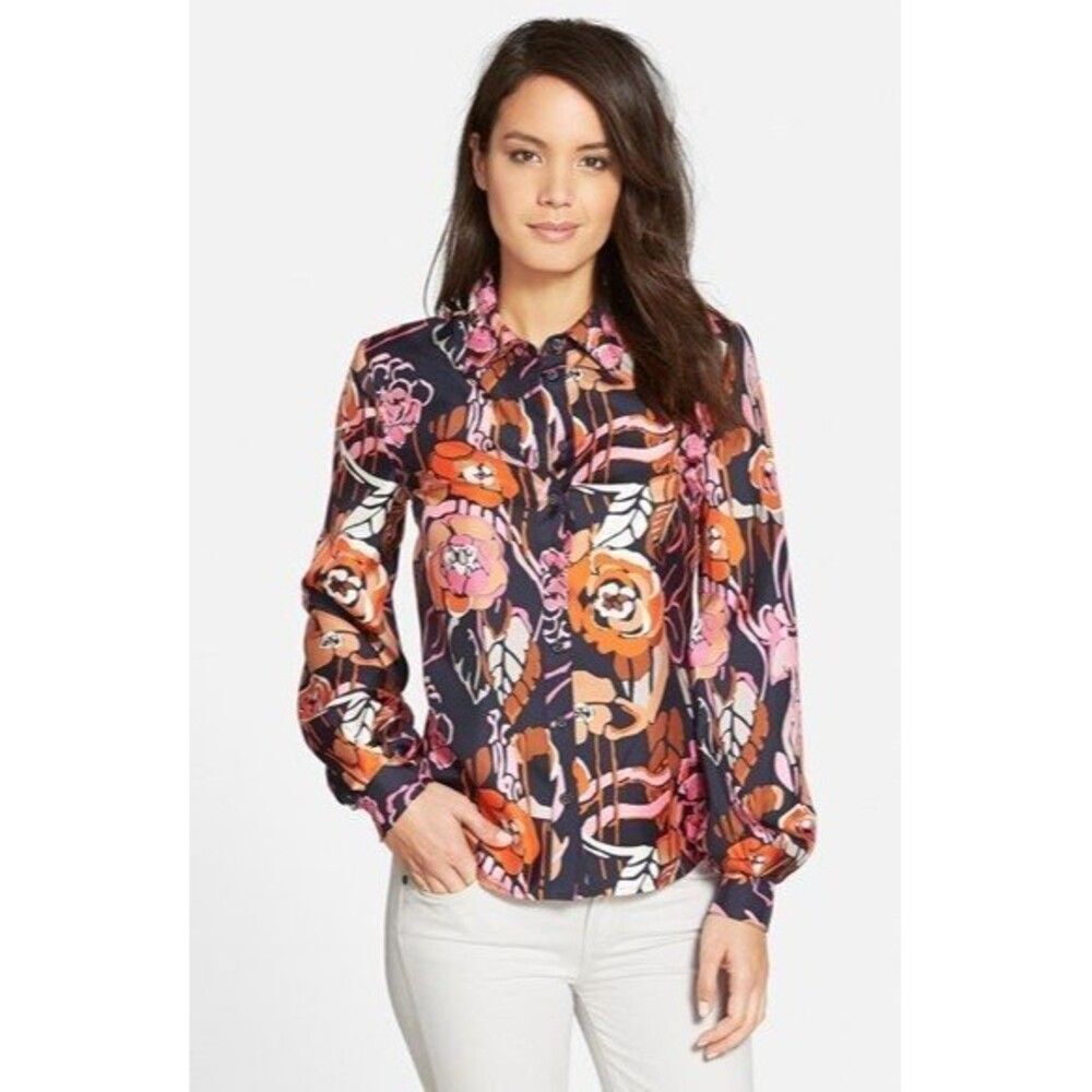 New NWT $395 Womens Pink Tartan Camelia Silk Shirt 2 Flowers Blue Pink Orange